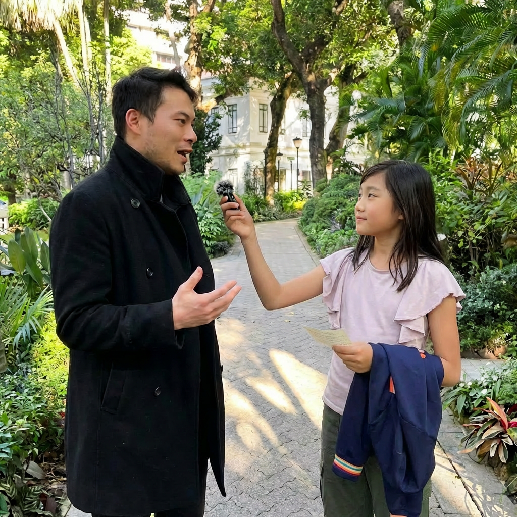 Kid interviewing someone on the street